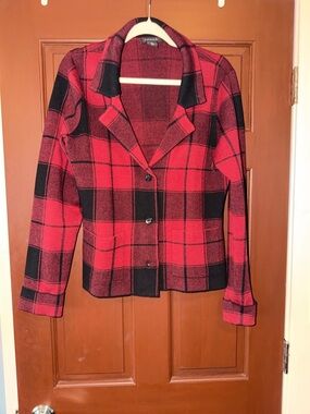 Tahari Red and Black Plaid Button-Front Blazer